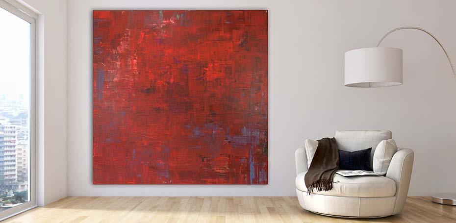 Rotes Acrylgemälde, 200 x 200 cm, heller Hintergund